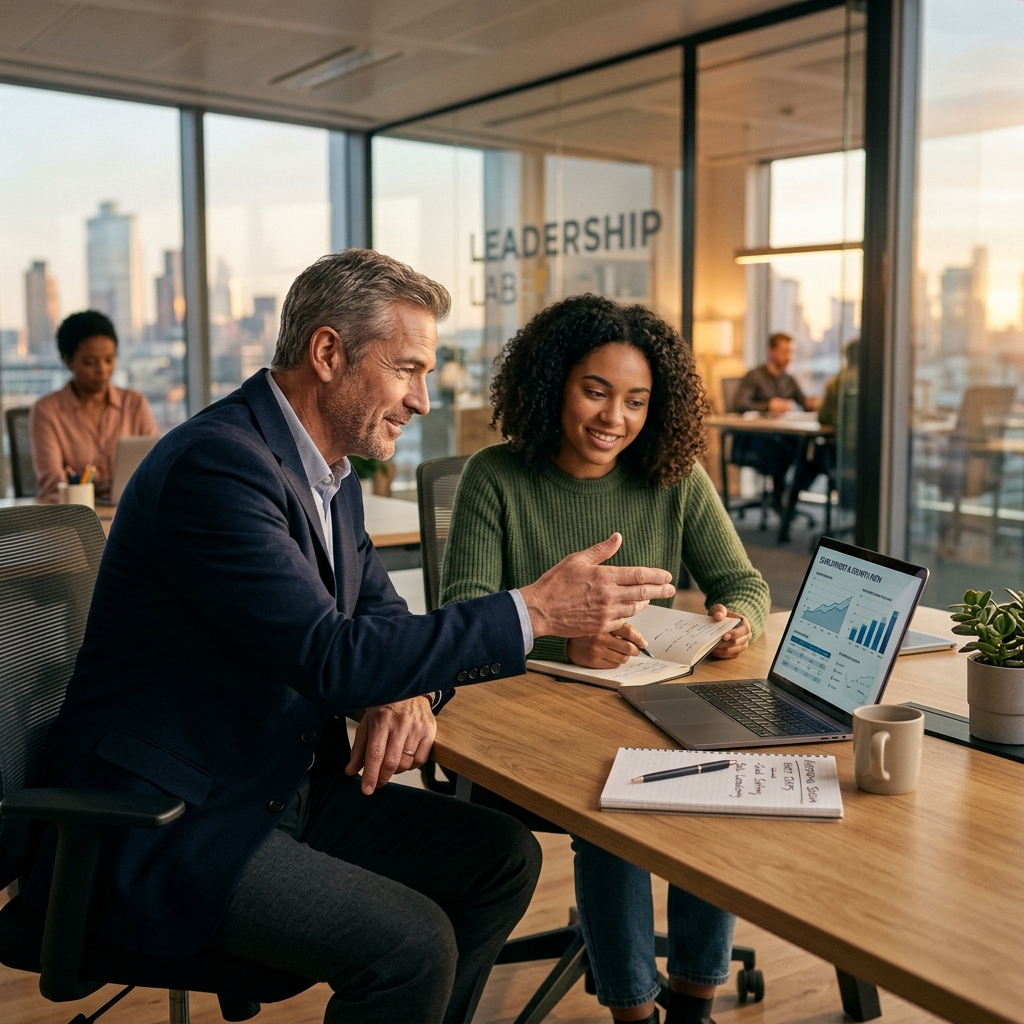 Líder em sessão de coaching com um membro da equipe, simbolizando desenvolvimento de talentos.