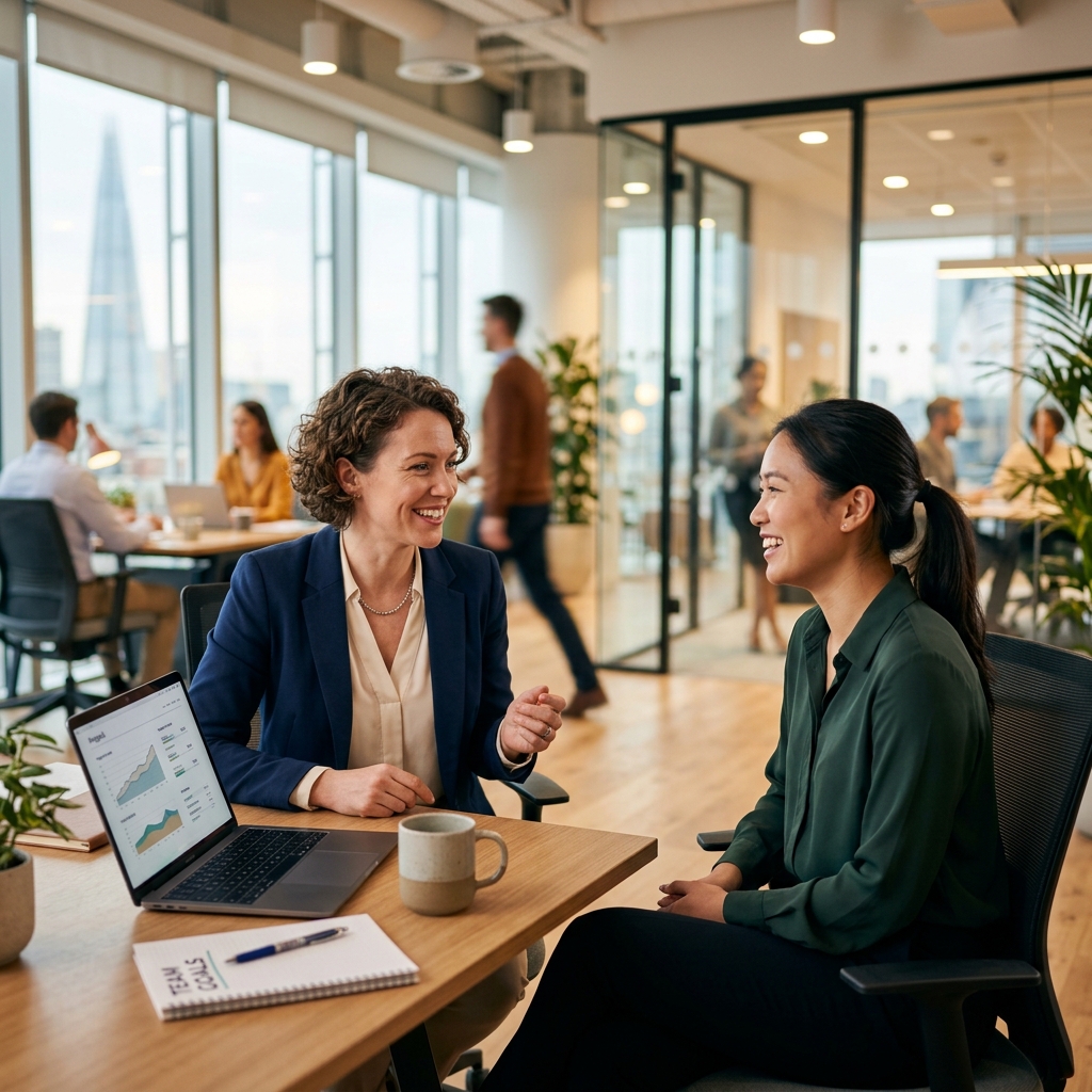 Duas pessoas em uma conversa profissional positiva, representando comunicação eficaz.