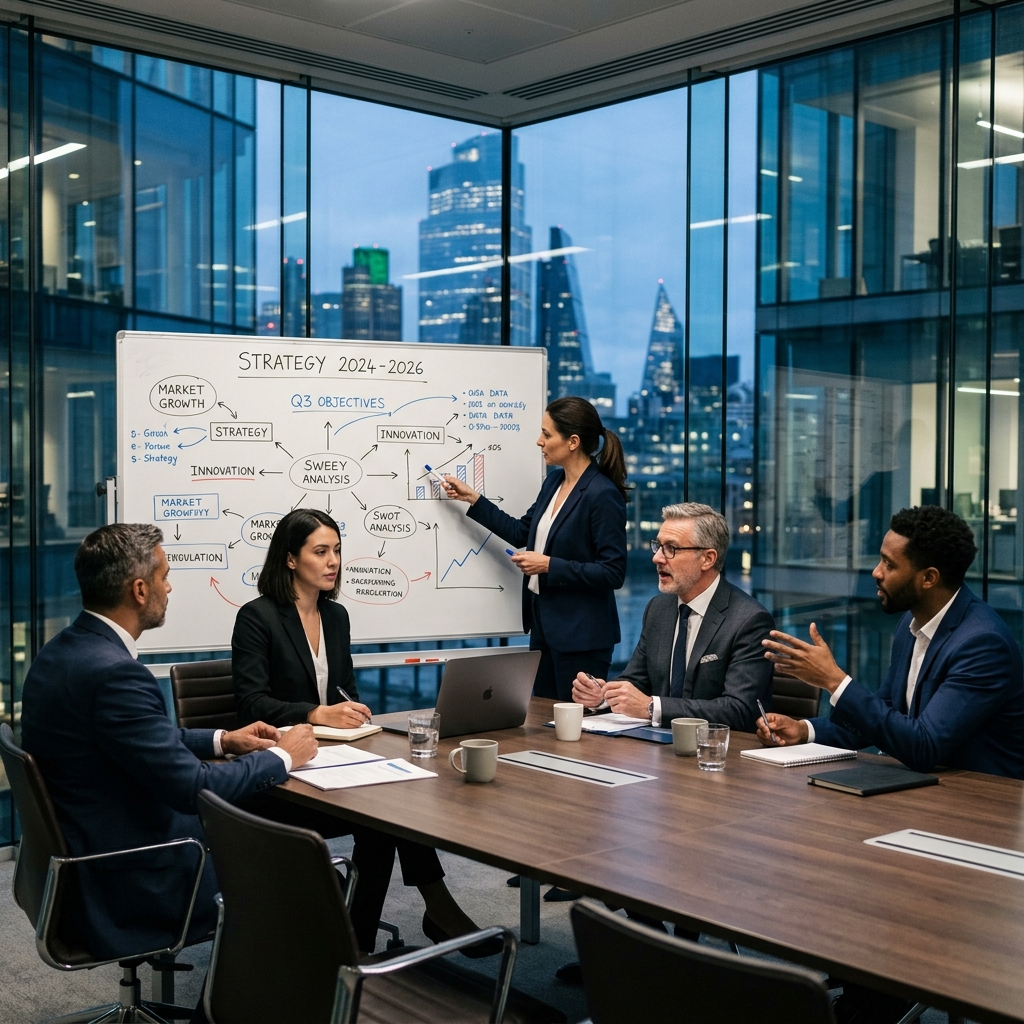 Equipe em uma sala de reuniões discutindo estratégia em frente a um quadro branco.